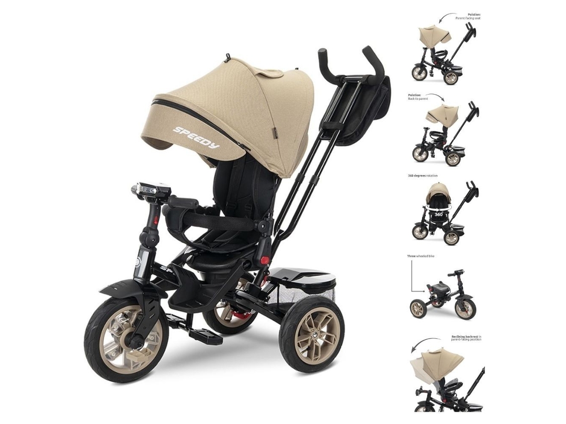 Triciclo Speedy Air Evolutivo com Rodas de Borracha, Assento Giratório de 360º e Capota LORELLI Beige