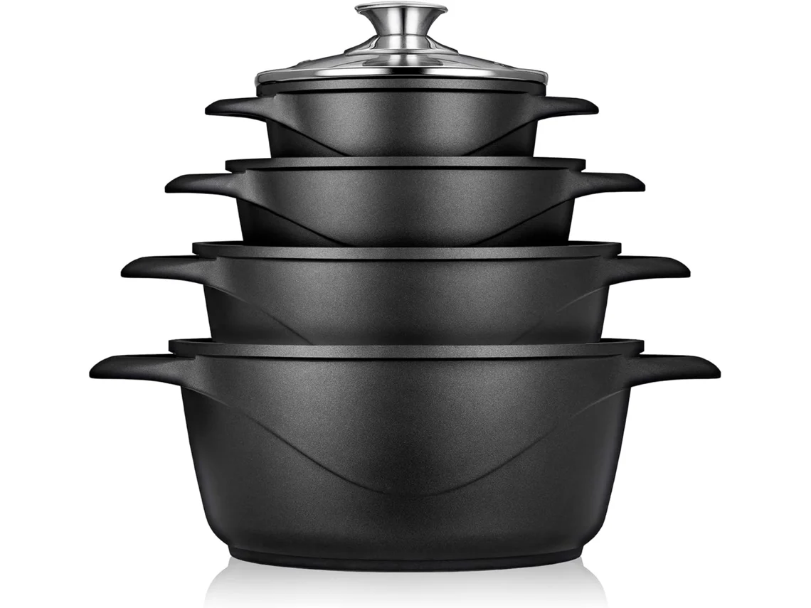 Trem De Cozinha Indução  8 Peças, Alumínio Fundido, 4 Panelas Con Tampa De Vidro, Antiaderente Briebe Mgk-12 Preto