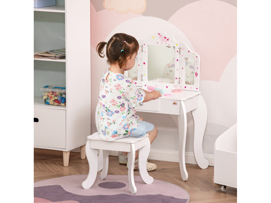 Mesa de Maquiagem Infantil com Banquinho, Espelho Triplo e Gaveta Deslizante Mesa de Maquiagem Dim. 63l X 40l X 85,5h Cm