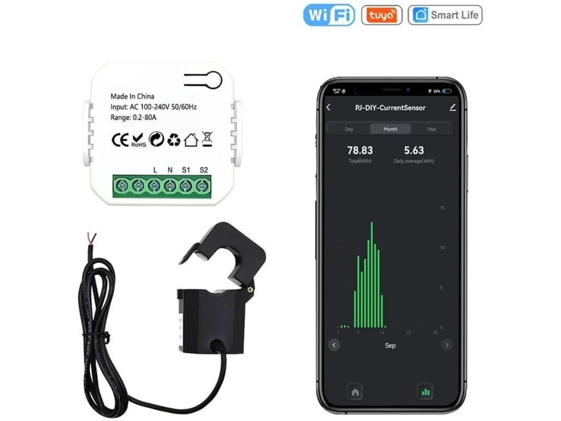 Lurelia Interruptor De Energia Inteligente, Medidor De Energia Wi Fi Tuya Smart Life 80a Com Braçadeira Conversora De Energia Kw