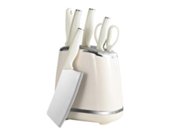 Conjunto De Facas De Cozinha Com Cepo E Afiador, 7 Peças Em Aço Inoxidável Ultra Afiado, Cabo Ergonômico Branco.