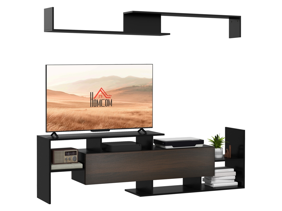 Móvel de Tv Melamina de Madeira Cor Preto e Wengué 150x14,5x16,3 cm Homcom