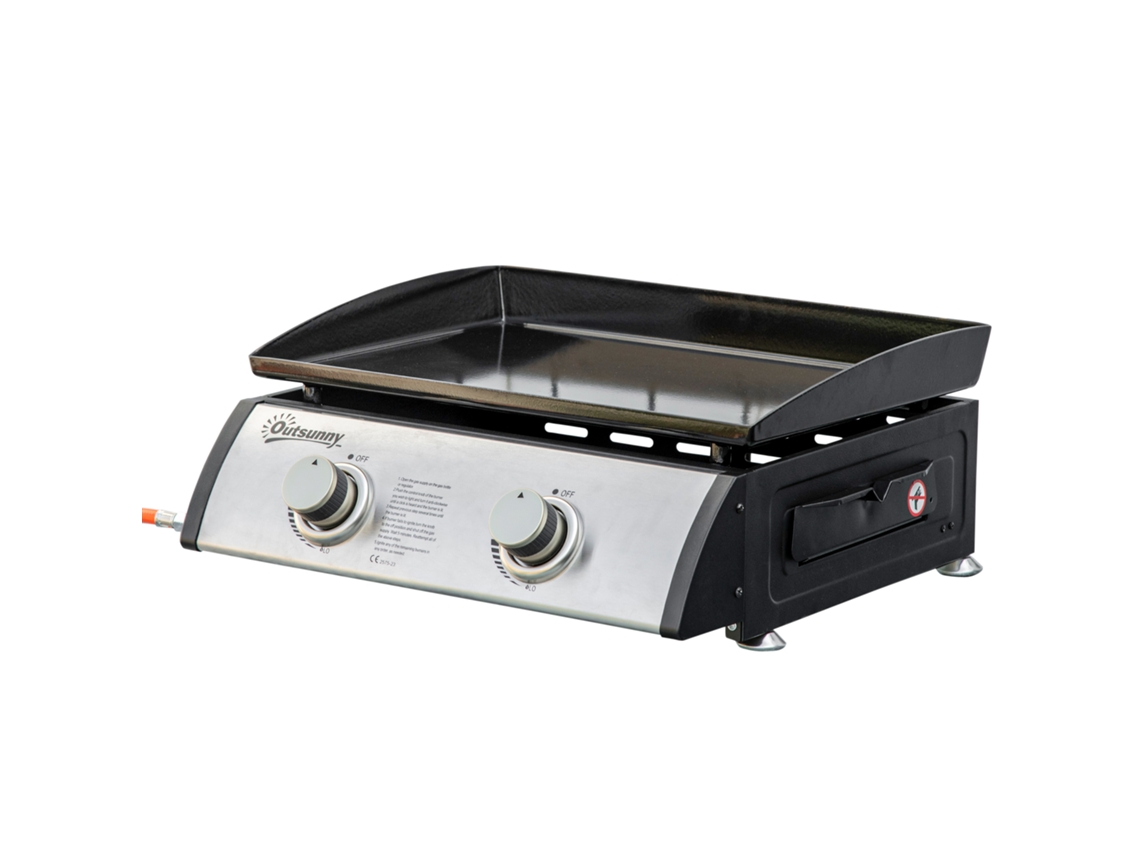 Chapa A Gás De Mesa Com 2 Queimadores De Aço Inoxidável 6 Kw Portátil Para Piquenique Campismo 48,5x46x21 Cm Preto E Prata