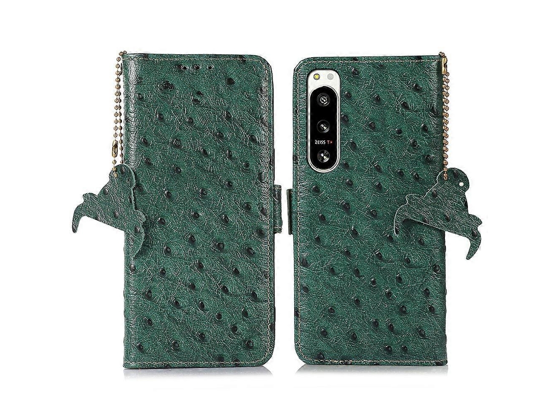 Capa Tkdaddy Para Sony Xperia 5 Iv 5g Com Bloqueio Rfid Em Couro Bovino Legítimo, Textura De Avestruz, Verde