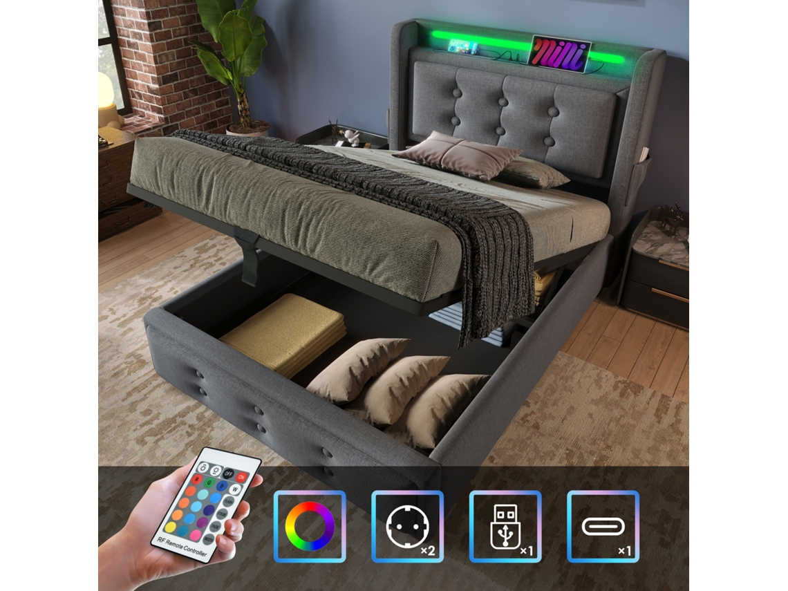Cama 90x200 Com Cabeçote Led, Usb C, Hidráulica, Latão E Aço Cinza 150kg