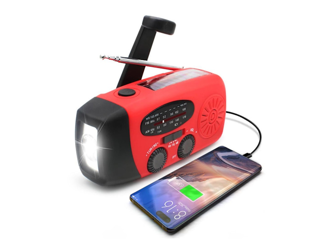 Rádio de Manivela AQUAFORGE com células solares, lanterna led e bateria externa de 2000mah com função sos