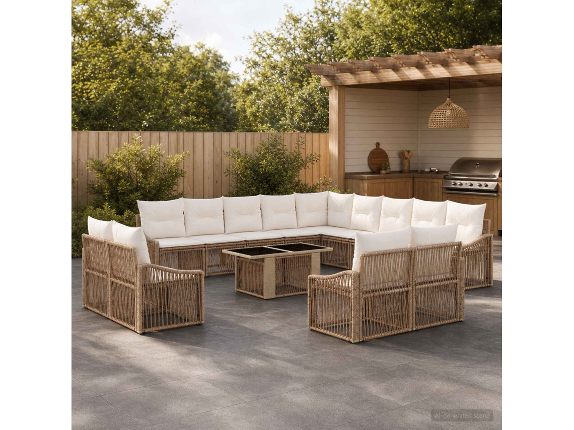 Vidaxl Conjunto De Sofá De Jardim 14 Unid. Bege E Branco Creme Vime Pe