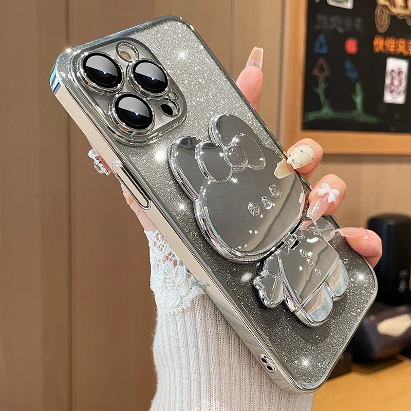 Capa Para Celular Com Espelho De Coelho Eletroplateado Em Degradê (para Iphone 16 Plus, Prata), Com Suporte, Em Tpu Macio.