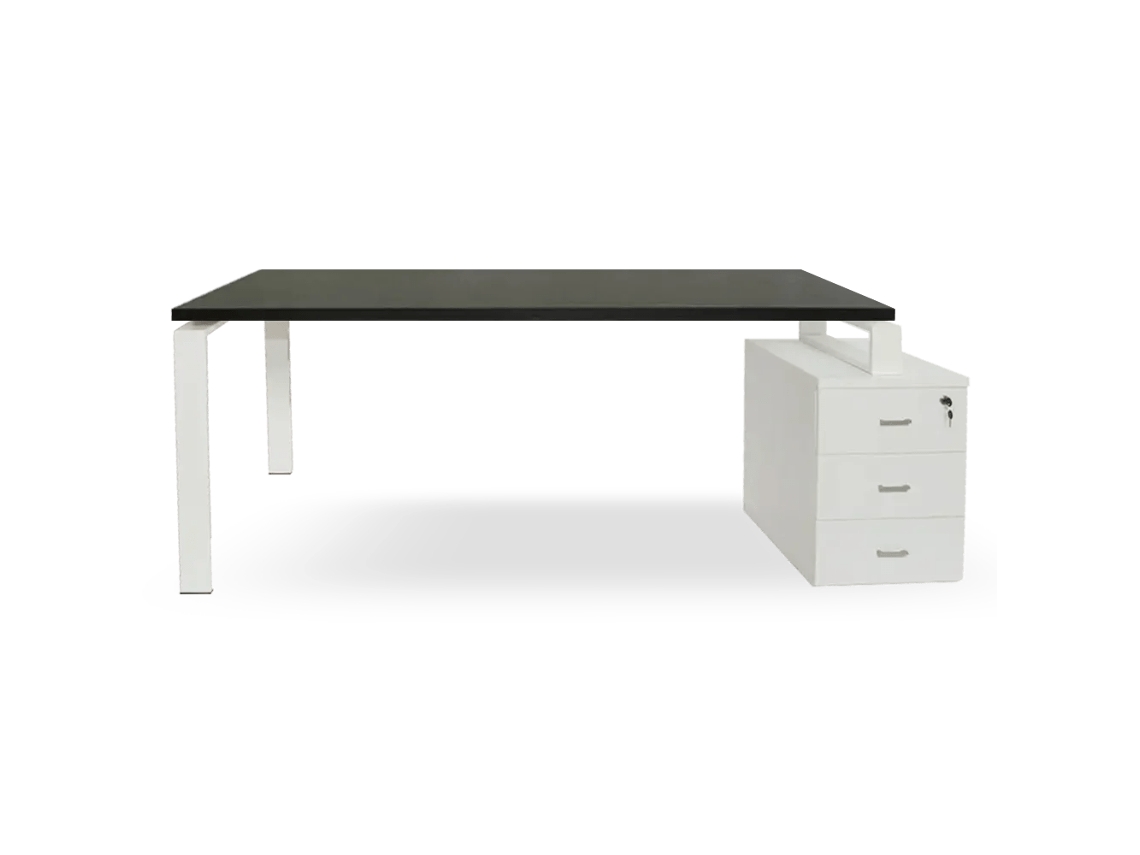 Mesa Branca Com Gavetas. Estrutura De Metal Branca. 75 X 155,5 X 60 Cm. Tampo Cinza Grafite. Ofilike