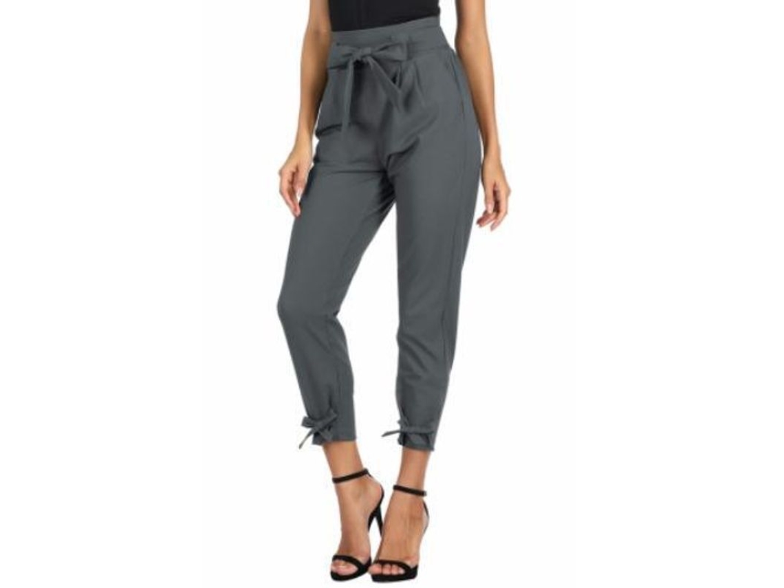 2026 pantalones Casuais de Mulher de Cintura Alta com Bolsos de Nó para Trabalho M Gris
