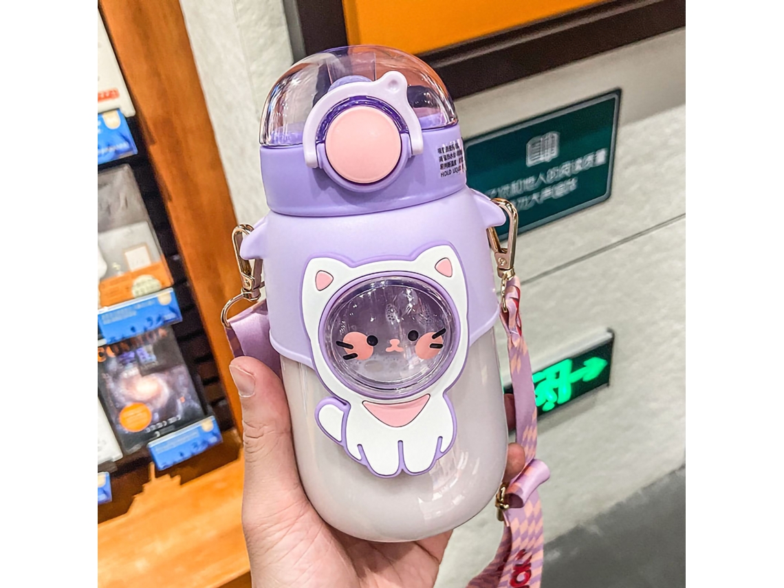 Copo com Canudo Macio Portátil Plástico com Cordão Padrão Animado Roxo 720ml | S/MARCA