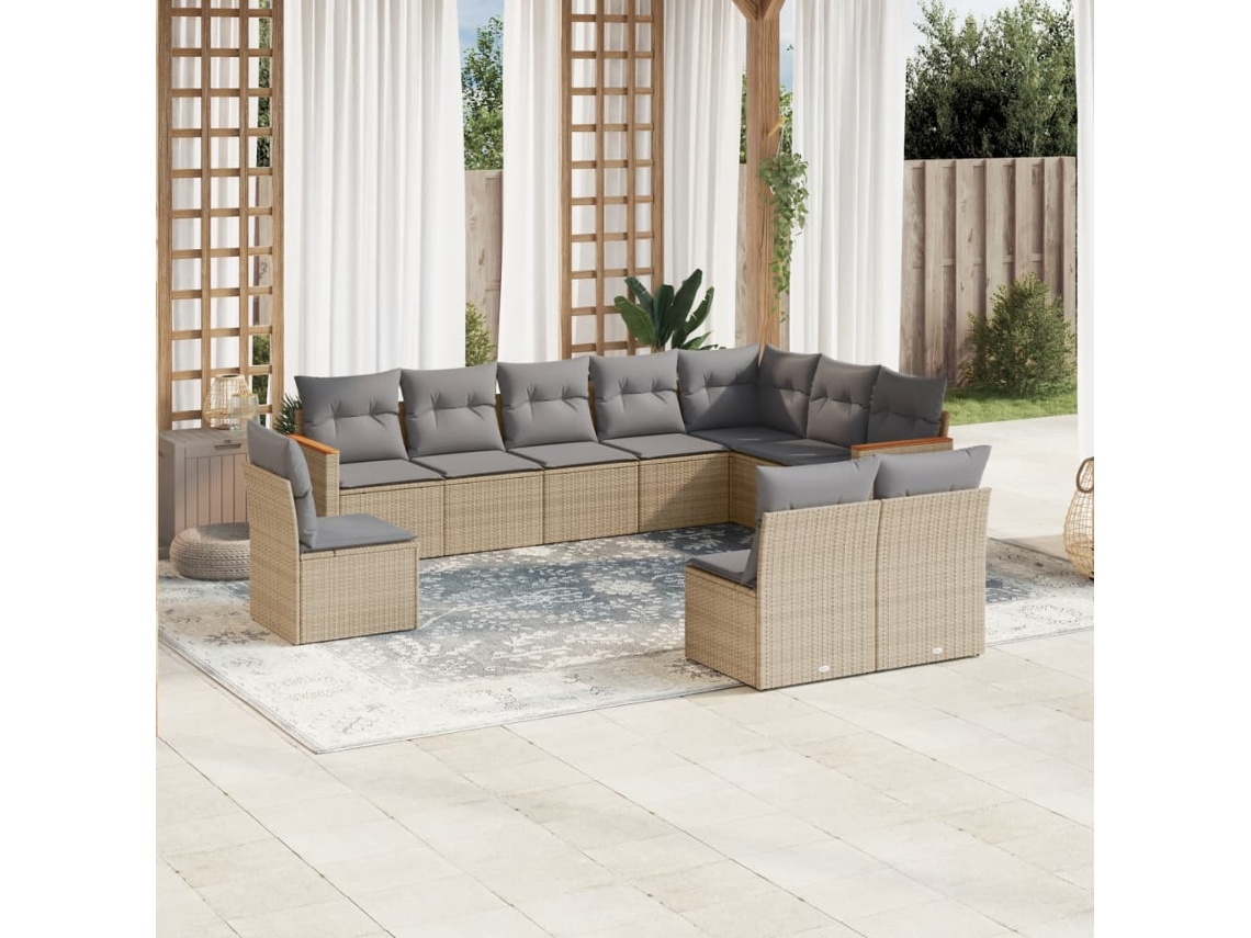 Vidaxl 10 Pcs Conjunto de Sofás P/ Jardim com Almofadões Vime Pe Bege