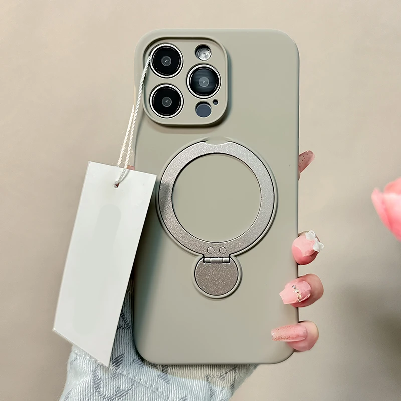 Capa Para Celular Com Suporte Magnético Em Anel De Metal E Silicone Líquido (cinza Para Iphone 15 Pro Max)