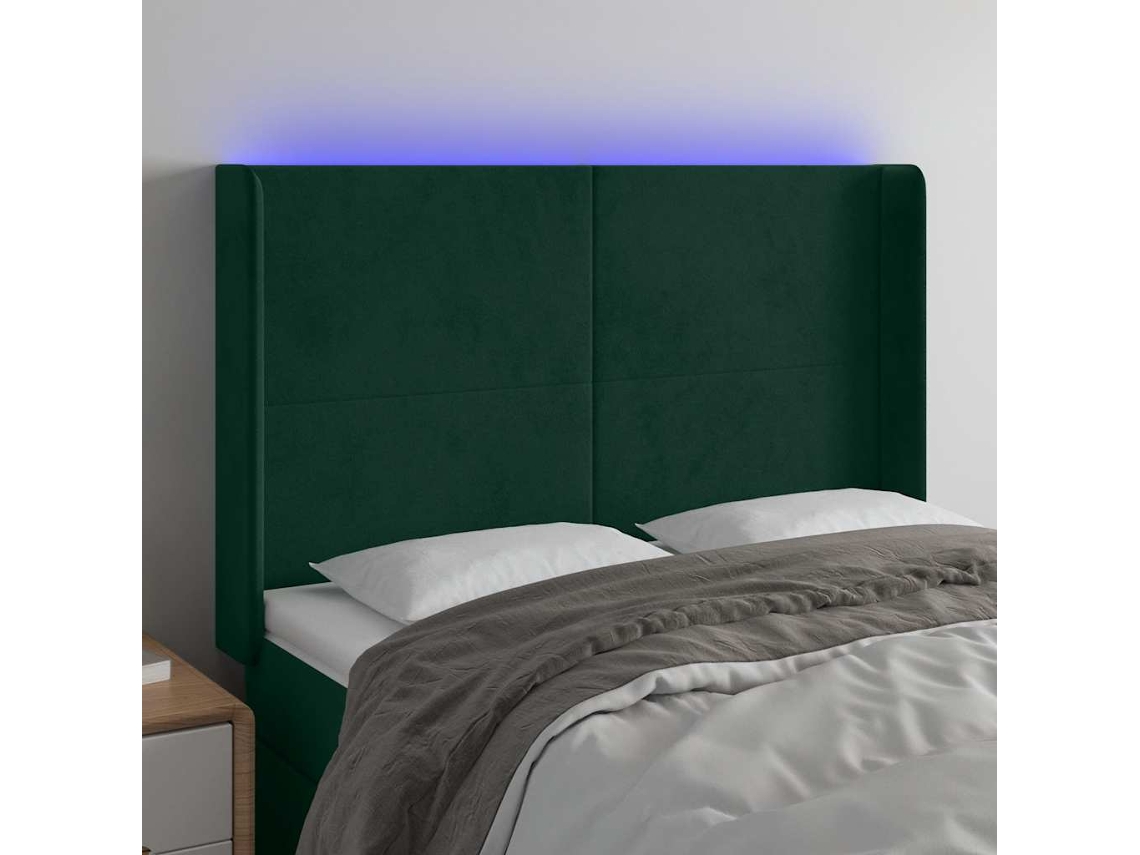 Vidaxl Cabeceira De Cama C/ Led Veludo 147x16x118/128 Cm Verde-escuro