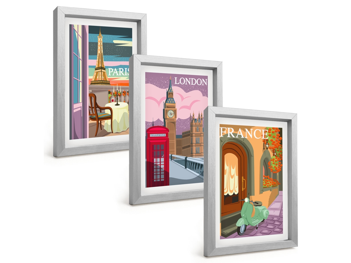 Conjunto De Pinturasvistas Retrô De Paris E Londres Moldura Prateada Quadros Para A Sala De Estar Espelharte (3 Peças 20x30 Cm)