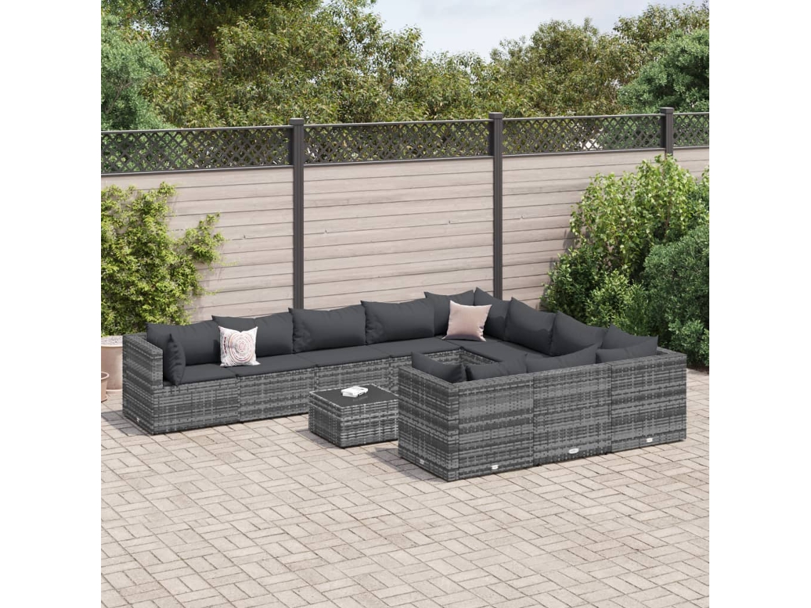Jogo de Sofá Jardim 11 Peças C/ Almofadões Vime Pe Cinza Dkd Home Decor