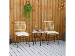 Conjunto Bistrô 3 Peças Rattan E Aço, Mesa Vidro Temperado E 2 Cadeiras, Cor Creme