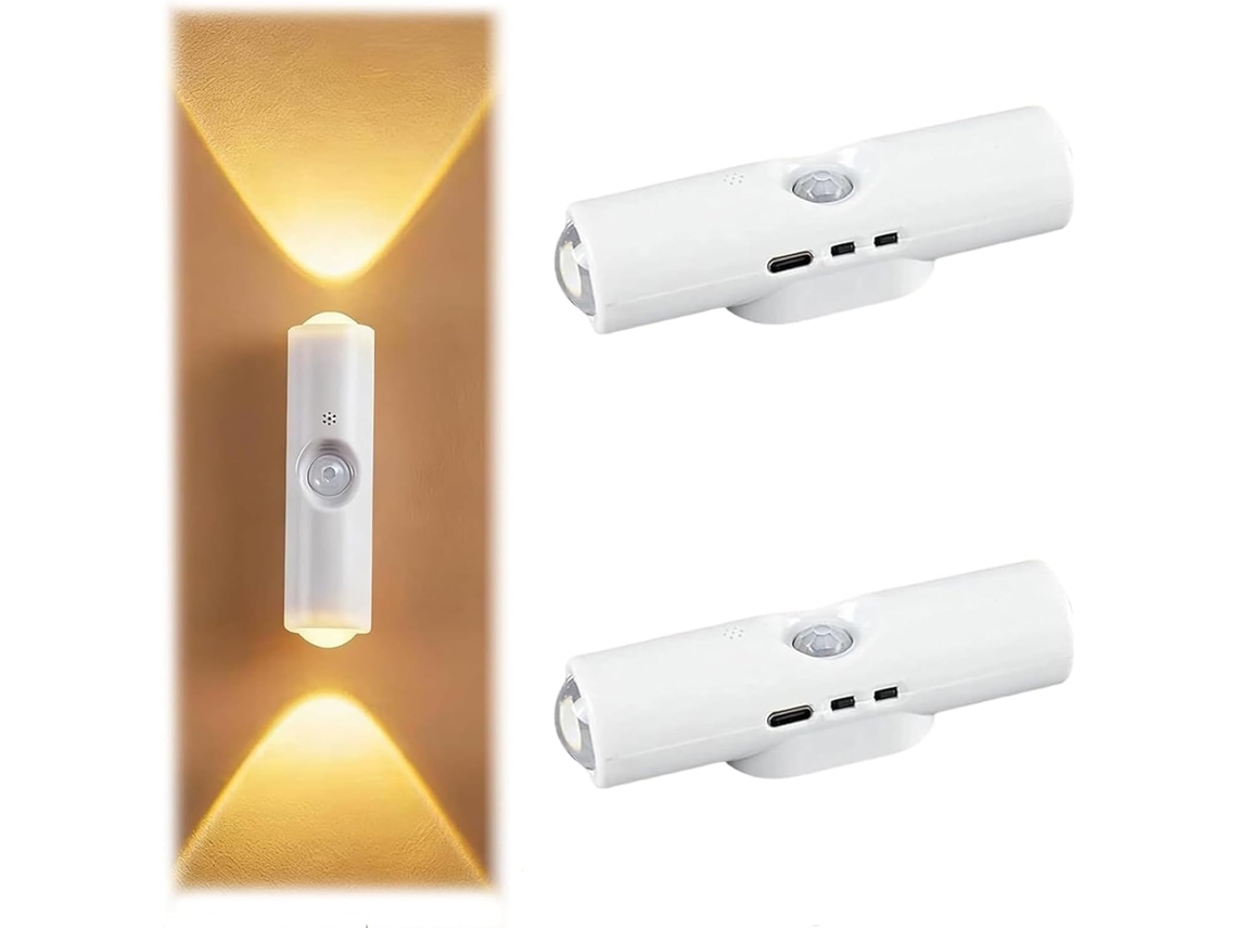 Pacote com 2 luzes noturnas recarregáveis e sensor de movimento.