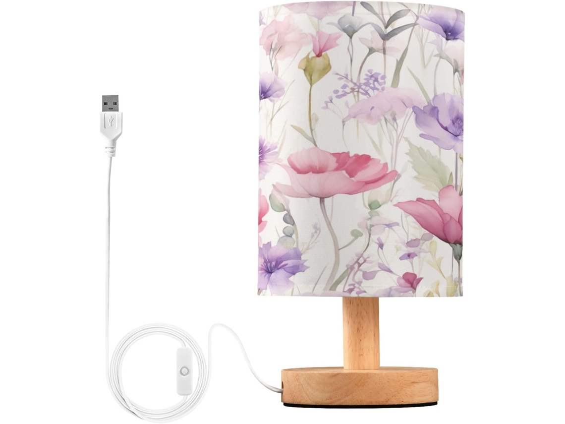 Abajur De Cabeceira Com Estampa Floral Em Aquarela, Portas De Carregaje USB C, Luminária De Mesa Cabeceira, Luminária
