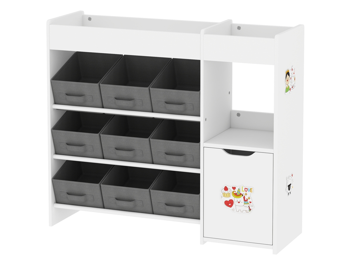 Organizador De Brinquedos Para Crianças Com 9 Cestos Amovíveis Compartimentos E Autocolantes 92x30x80 Cm Branco E Cinza