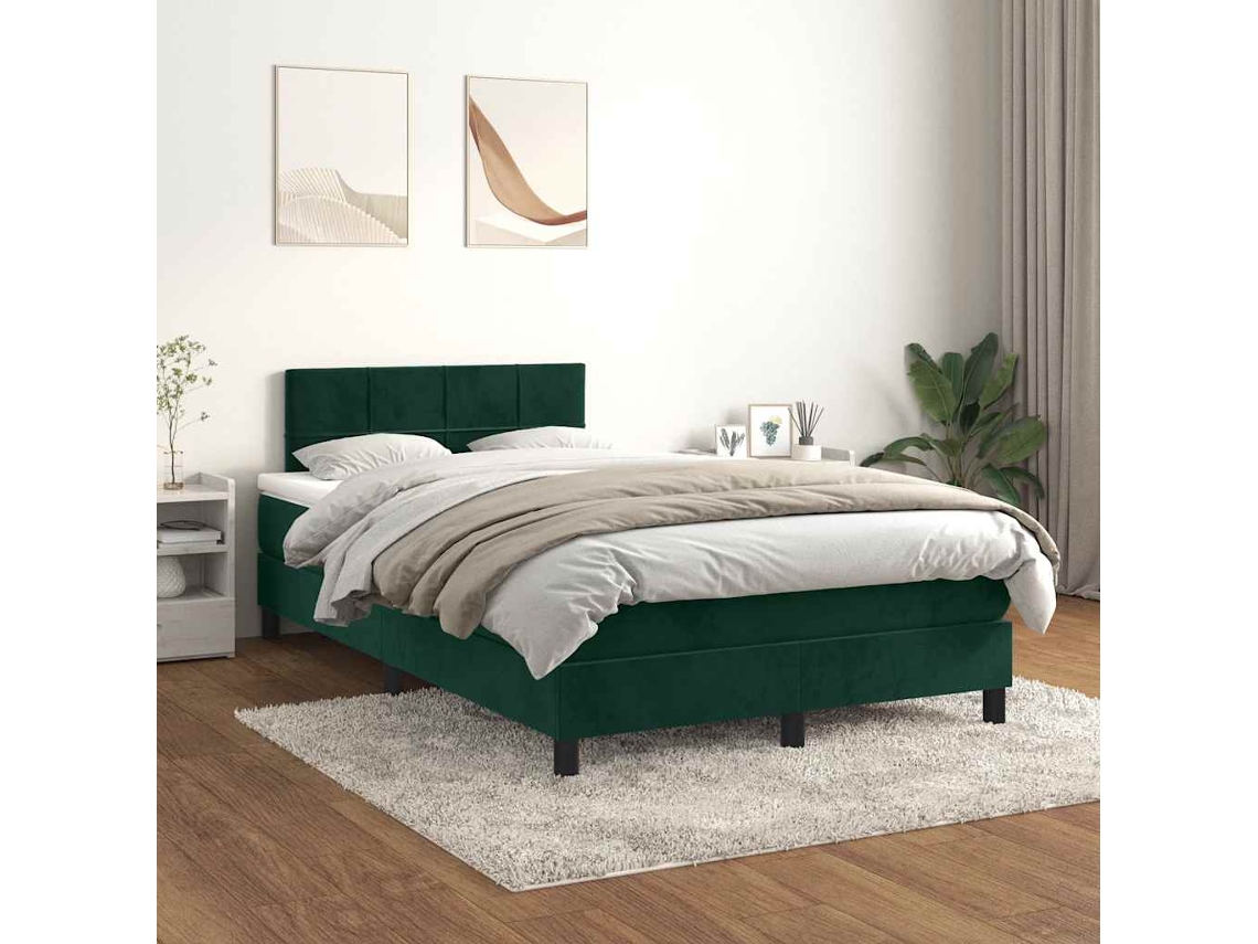 Vidaxl Cama Boxspring Com Colchão 120x200 Cm Veludo Verde-escuro