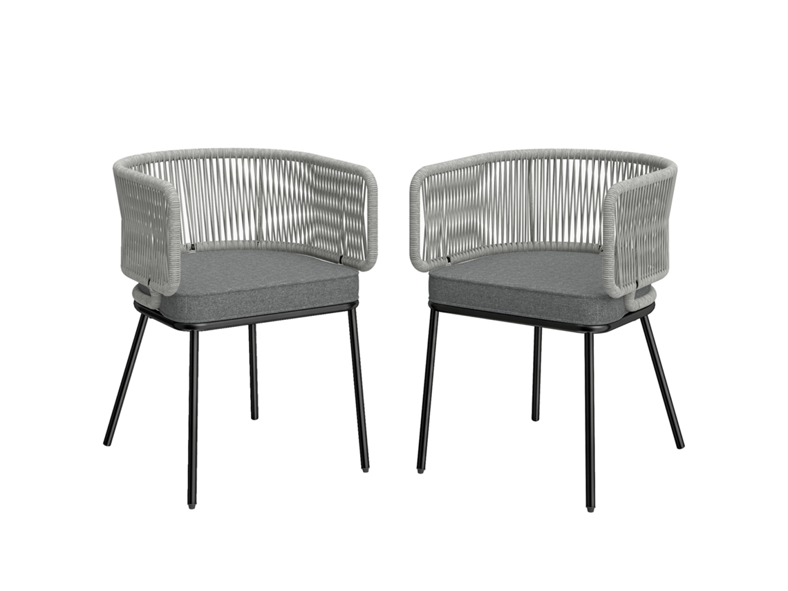 Lot 2 Fauteuils Jardin, Dossier/accoudoirs Corde Résine Tressée, Coussins Amovibles, 46x58x72cm, Gris Clair