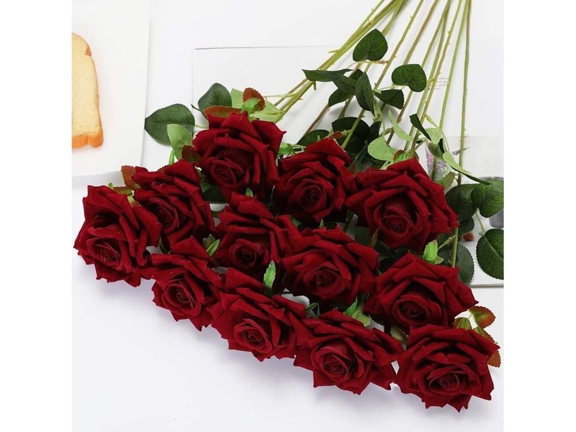 12 Rosas Artificiais de Veludo, Cais Longo, Decoração de Casa, Jardim, Casamento, Vinho