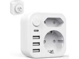 Régua De Tomadas 6 Em 1, Com 2 Portas Usb, A E Usb, C, Tomada De Parede Com Interruptor(4000w/16a) E Plugue Duplo