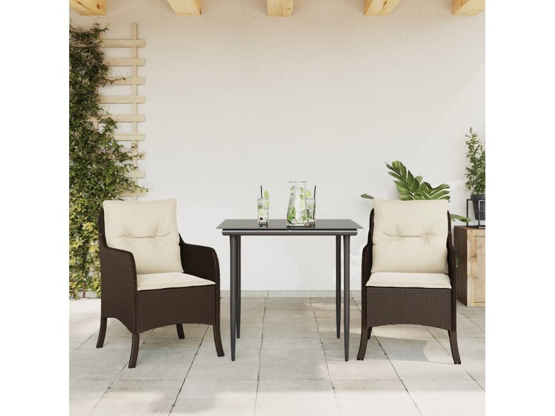 Vidaxl 3 Pcs Conjunto Jantar P/ Jardim C/ Almofadões Vime Pe Castanho