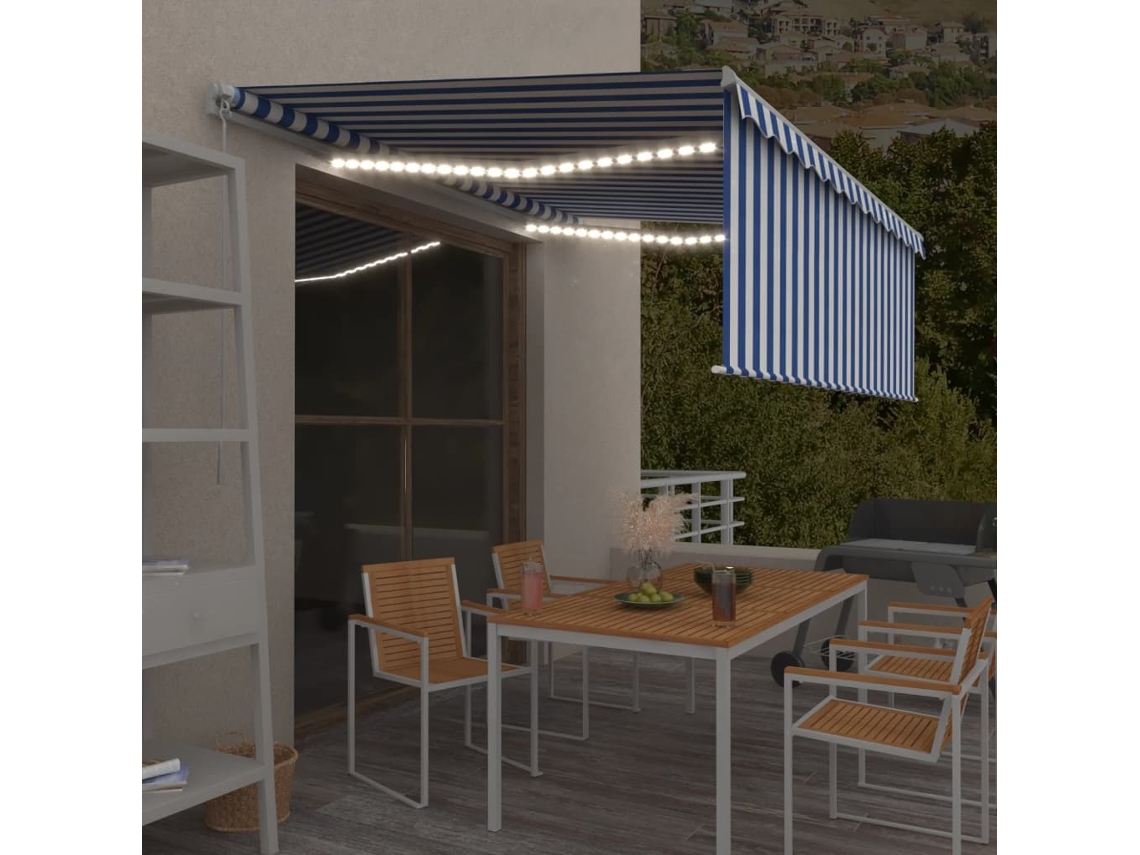 Vidaxl Toldo Retrátil Manual Com Estore/led 4,5x3 M Azul E Branco