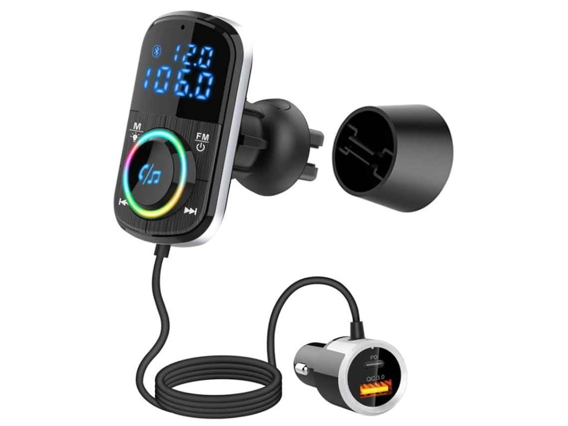 Transmissor Fm Bluetooth para Carro -YIZHOOD Chamada Viva-Voz Comando de Voz e Controles de Música Carregador Usb e Tipo C Preto