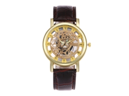 Relógio de pulso analógico de quartzo com pulseira de couro PU e mostrador redondo para homens e mulheres (marrom dourado)
