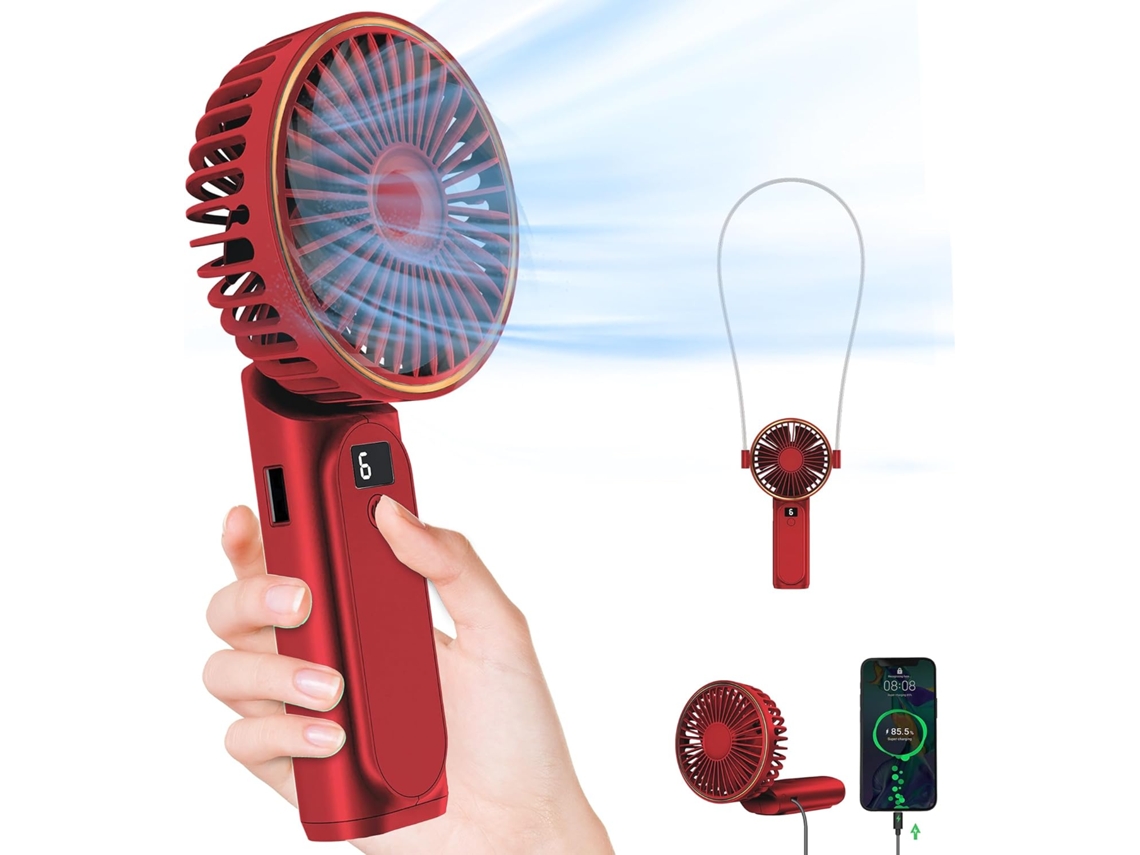 Ventilador Portátil De Mão Lalamoli, 4000mah, 6 Velocidades De Vento, Ventilador Pessoal Dobrável Recarregável Por Usb Vermelho