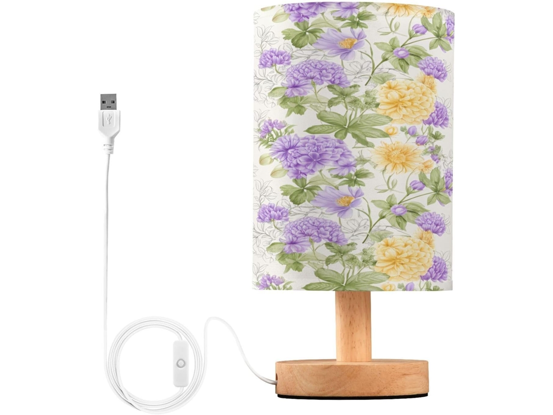 Abajur De Cabeceira Floral Para Quarto, Abajur De Cabeceira Led, Luminária De Leitura Com Portas Usb E Cúpula Tecido