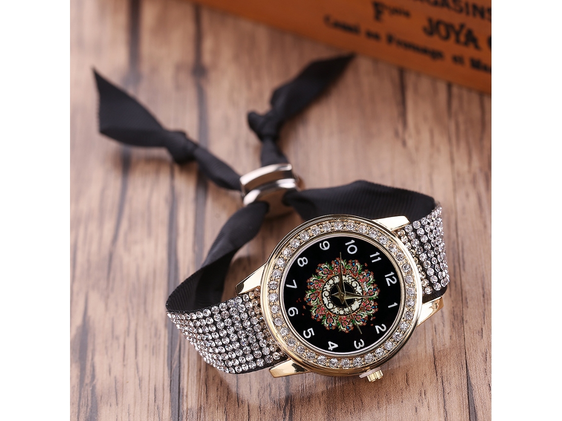 Relógio de Pulso Feminino de Quartzo com Pulseira de Tecido e Strass, Marrom