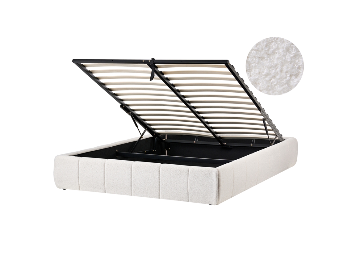 Cama Con Almacenaje Sin Cabecero Beliani Genas De Bouclé Blanco 152x214x32