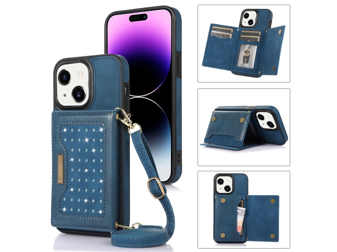 Capa Bloqueio Rfid Pega Para Iphone 15 Plus Pele Sintética Azul
