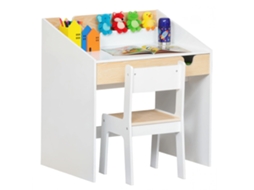Conjunto De Mesa E Cadeira Infantil Com Gaveta E Prateleira. Bordas Arredondadas. Para Crianças De 6 A 10 Anos. Branco E Madeira.