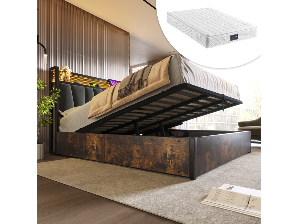 Cama De Casal 160x200cm Metal Com Led Usb App E Colchão