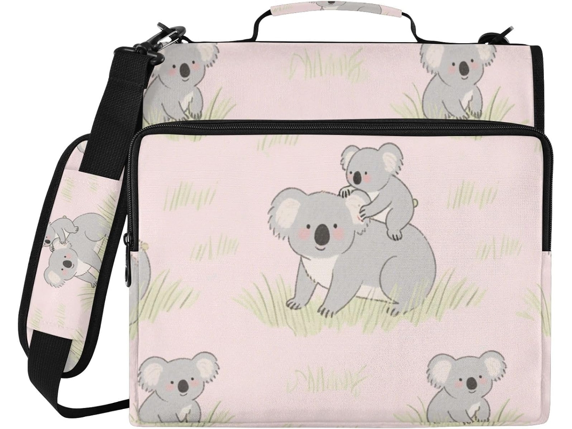 Pasta Organizadora Com Zíper De 3 Argolas, Estampa De Coala E Bebê, Com Alça, Vários Bolsos, Ideal Escola E