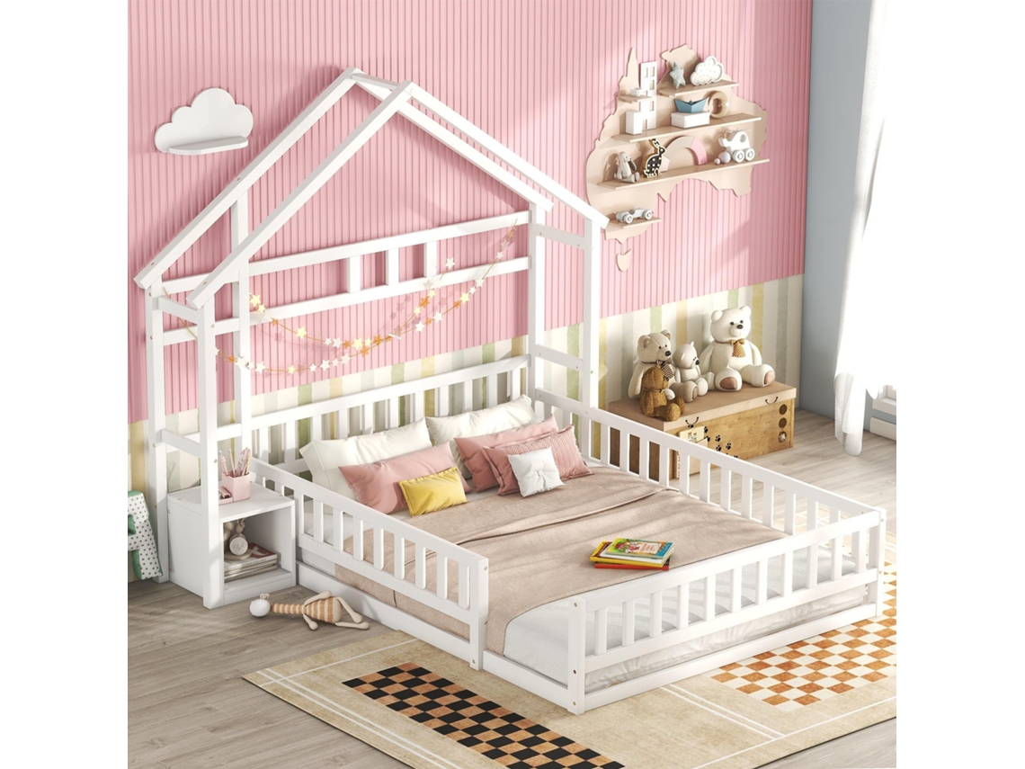 Cama Infantil 140x200 Mesa Cabeceira Branca Segurança
