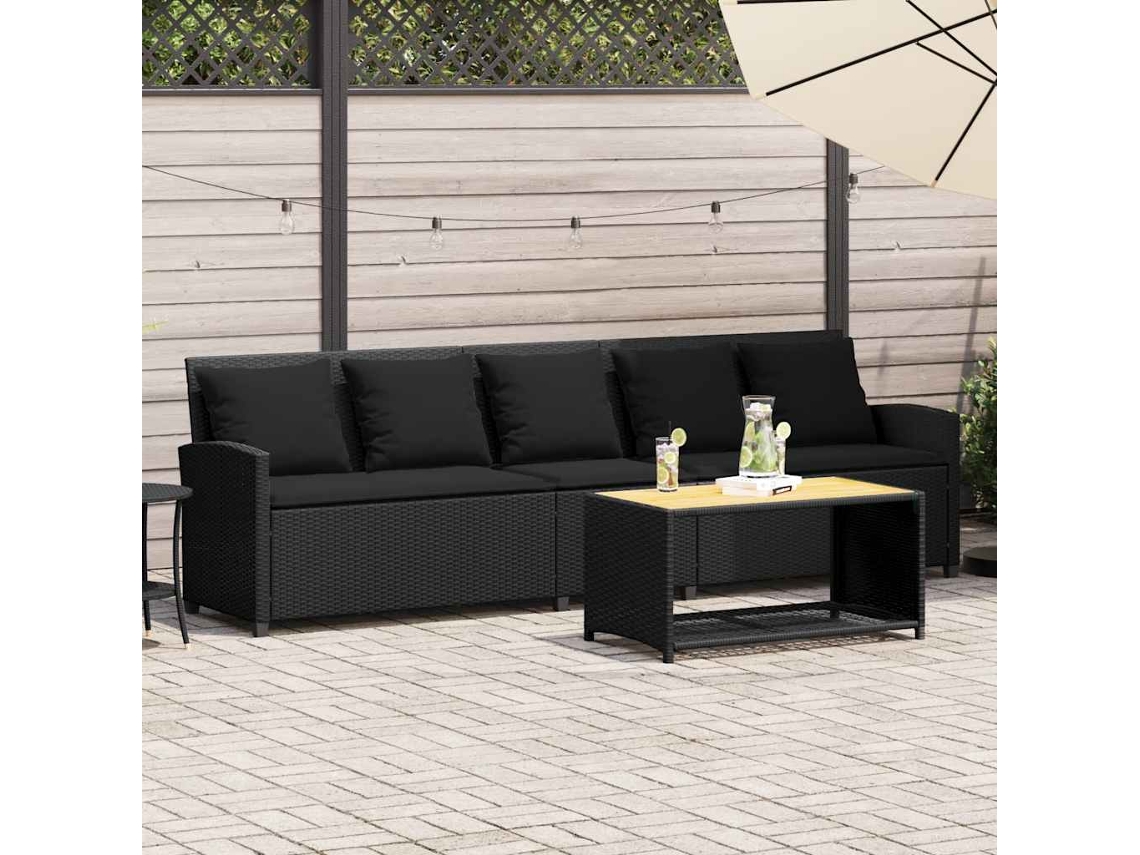Vidaxl Sofá De Jardim 5 Lugares Com Almofadões Vime Pe Preto