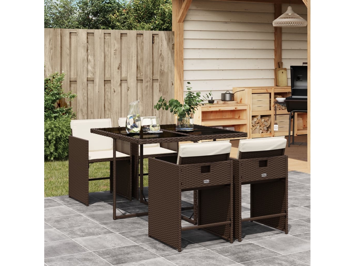 Conjunto 5 Peças Jantar P/ Jardim C/ Almofadões Vime Pe Castanho Dkd Home Decor