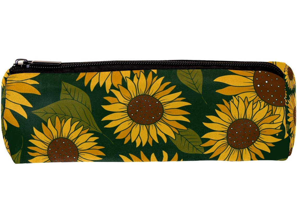 Organizador de mesa retrô com estampa de girassol, ideal para material escolar.