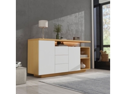 Sideboard Multifuncional 140 Cm De Comprimento, Branco E Madeira Imitada 2 Portas, 3 Gavetas, 2 Nichos Abertos Com Iluminação Led Liptaptyn