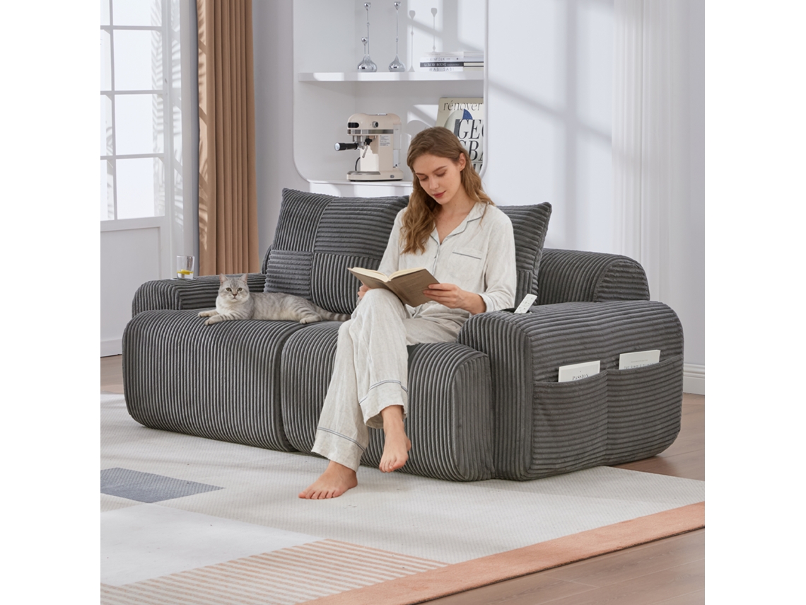 Sofá Modular Cotelê Veludo para 2 Lugares, Embalado a Vácuo, Combinável, Porta-copos, Bolsas Laterais, Cinza Escuro.