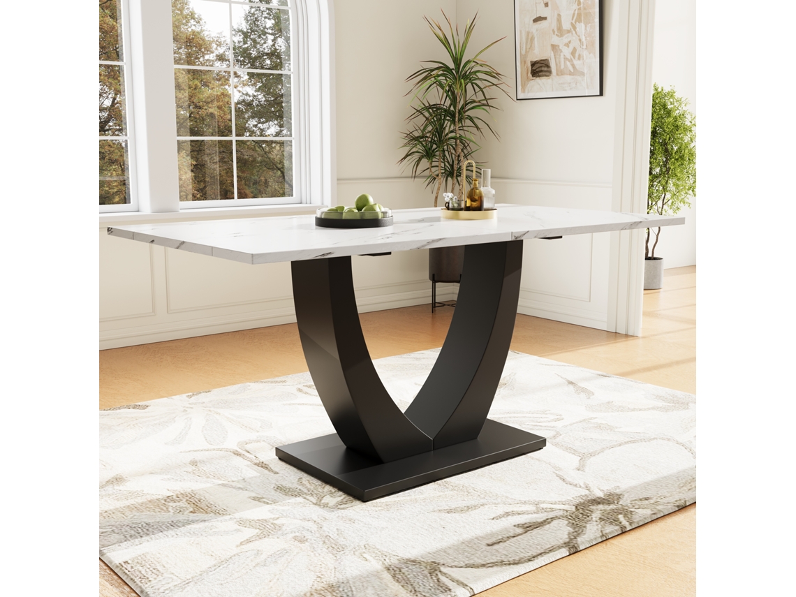 Mesa Retangular 140×75,5cm Estrutura Metal Padrão Mármore Pés Reguláveis Branco E Preto