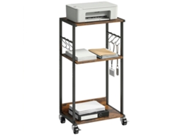 Mesa Para Impressora Industrial De 3 Níveis, Com Rodas E Ganchos, Marrom Rústico.