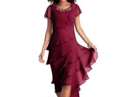 2026 vestido Elegante de Mujer Con Cuello O, Mangas Cortas, Decoración de Perlas Y Falda Capa Midi para Fiesta Y Boda