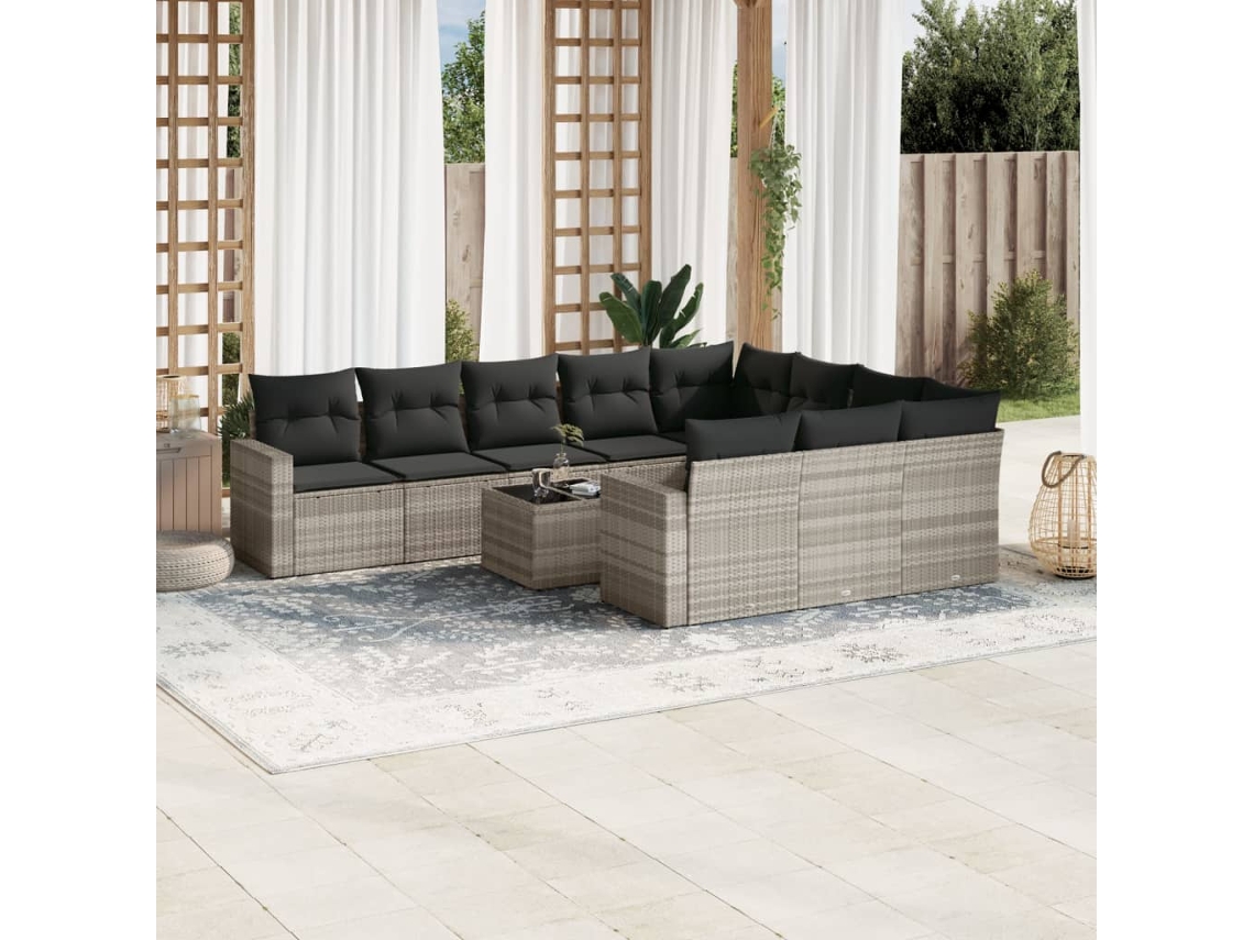 Vidaxl 11 Pcs Conjunto Sofás De Jardim C/ Almofadões Vime Pe Cinzento